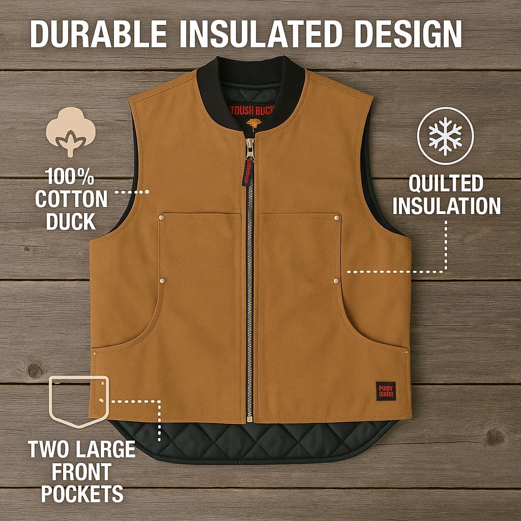 Tough Duck Lined Vest - Heavy-Duty Workwear for Cold Conditions | Insulated, Durable, & Weather-Resistant | Cotton 12 oz, Brown, Small