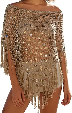 Women's Knit Sequin Poncho Top Y2K Crochet Batwing Sleeve Shrug Shawl Asymmetrical Sweater Cover Up Beachwear