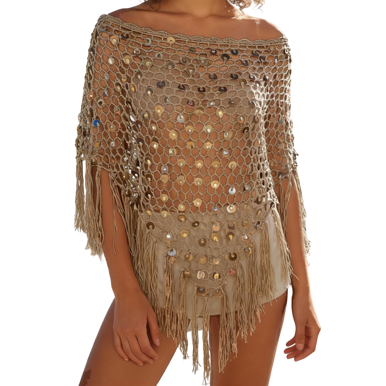 Poncho Crochet Femme Cache Maillot de Bain Bohème Cape Châle en Crochet Haut Transparent à Paillette Sequin Pull Ajouré à Franges Bikini Beach Tops Cover Ups