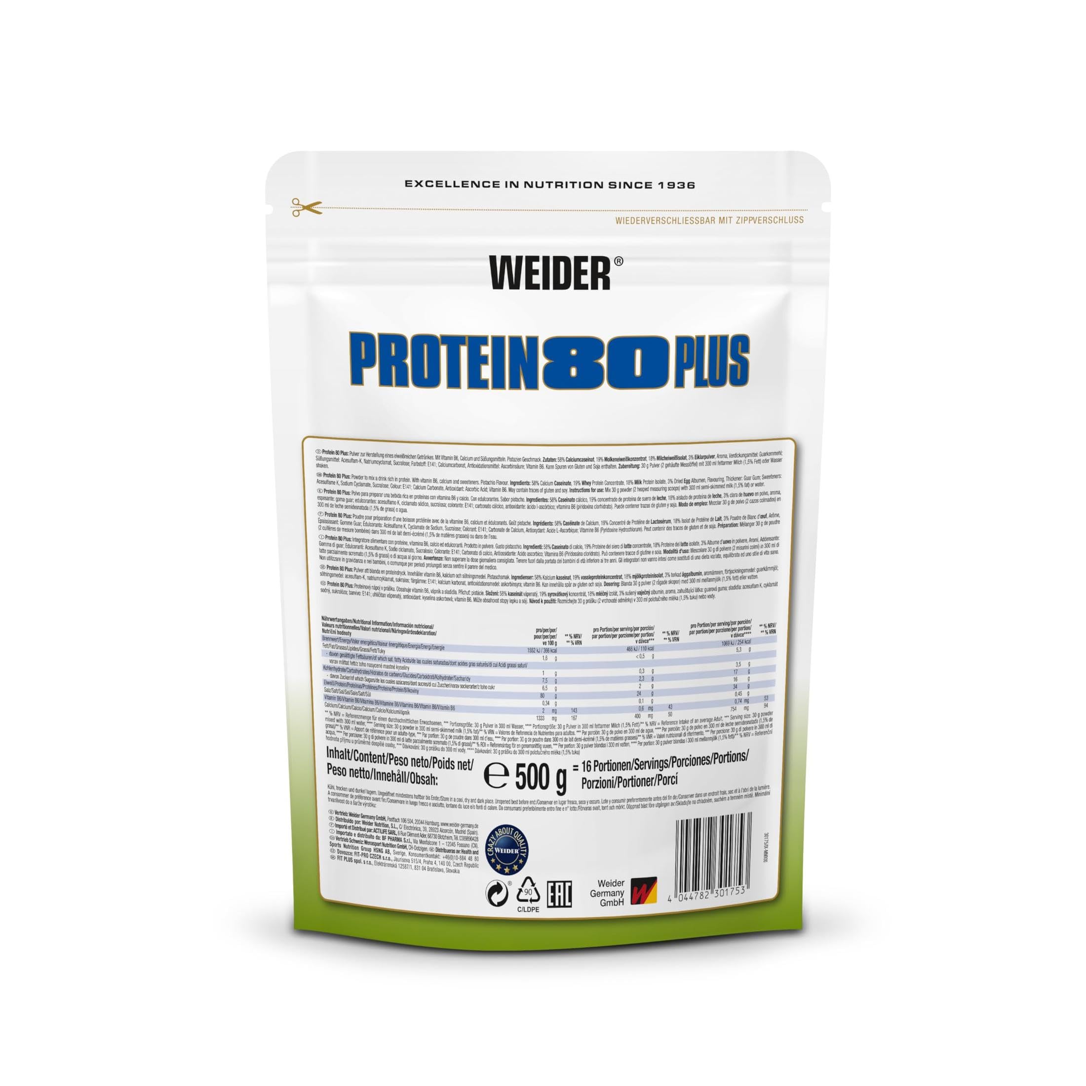 Weider - Protein 80 Plus - Poudre de Protéine à 4 Composants - Teneur Élevée en Protéines avec 80% de Protéines - Shakes Crémeux avec Calcium & Vitamine B6-500g - Pistache
