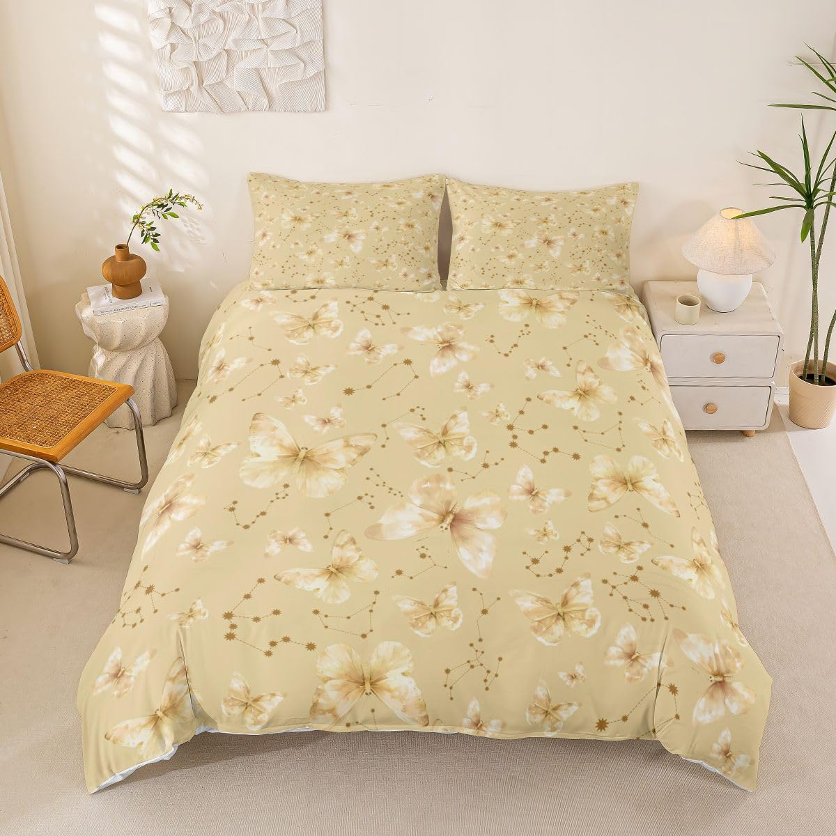Housse de Couette Papillon Jaune 240x260 cm avec Parure de Lit Ciel Étoilé Homewish