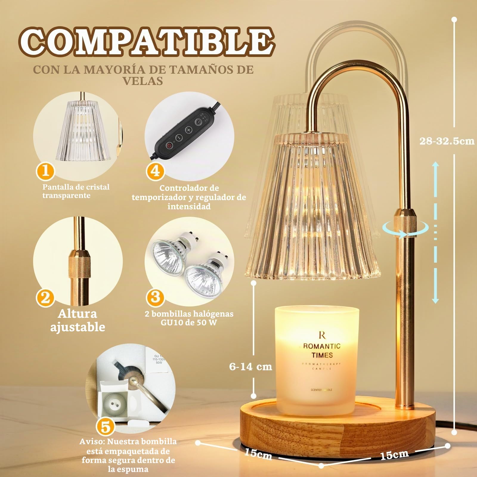 Funistree Lámpara Calentadora Velas, Candle Warmer Lamp, Regulable con Temporizador, Altura Ajustable, Calentador Eléctrico Sin Llama, Incluye 2 Bombillas, Regalo Ideal para Mujeres, Decoración Hogar