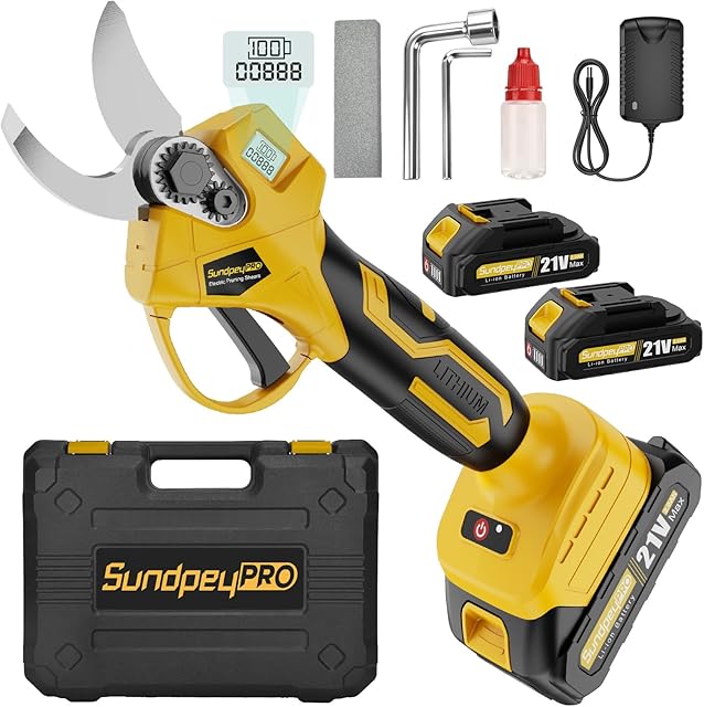 SundpeyPRO Elektrische Akku-Astschere, Max 30mm Kabellose Akku-Gartenschere mit Bürstenloser Motor, 2 x 2.0Ah-Akkus, LCD Display, Tragetasche, 21V Astschere-Akku für Garten Obstgarten Baumzweige Höfen — Astscheren