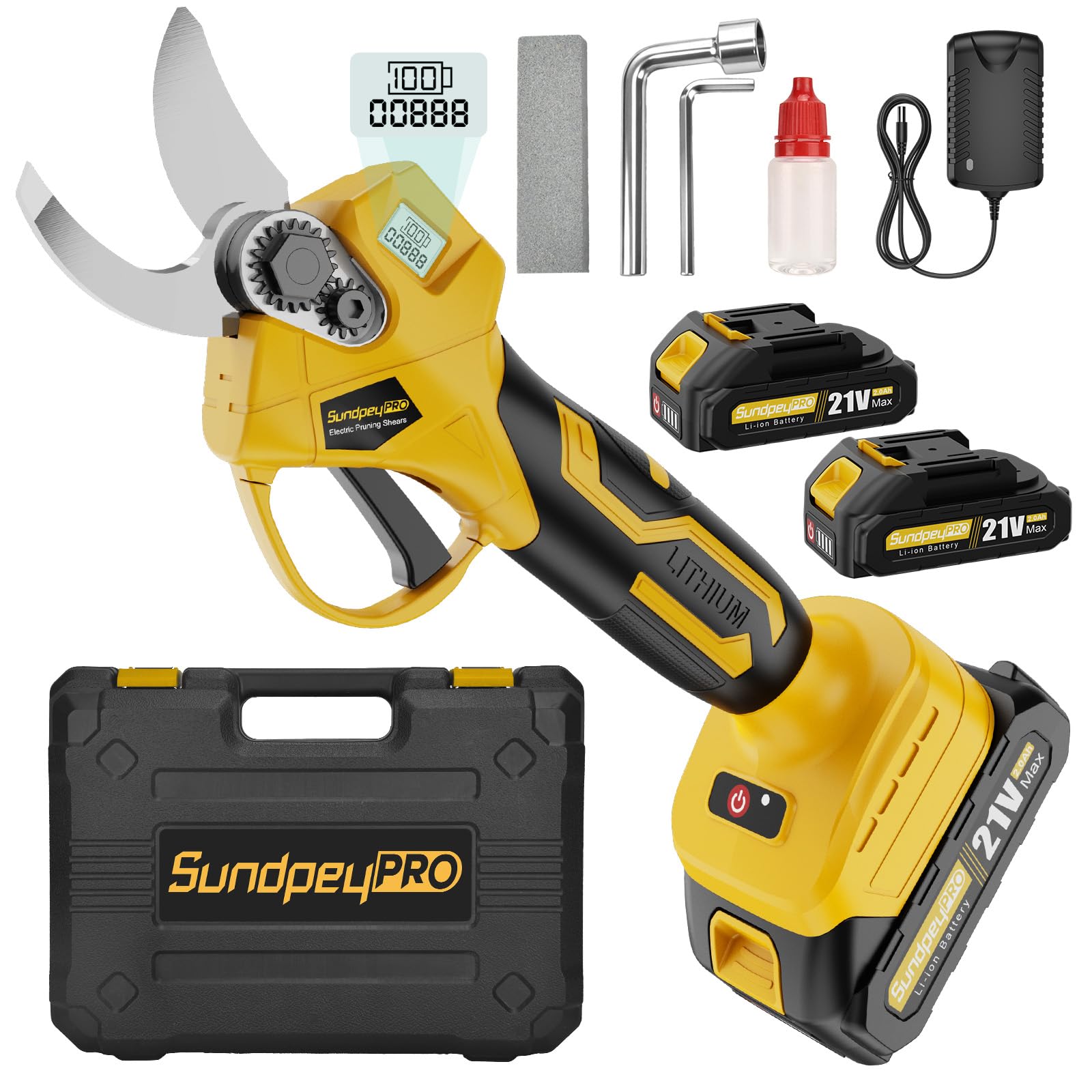 Tijeras de Podar Eléctricas Inalámbricas, SundpeyPRO Max 30mm Tijeras de Podar Sin Escobillas con 2 x 2,0Ah Baterías, Display LCD, Estuch, Tijera Poda Bateria para Jardín, Huertos, Ramas de Árboles