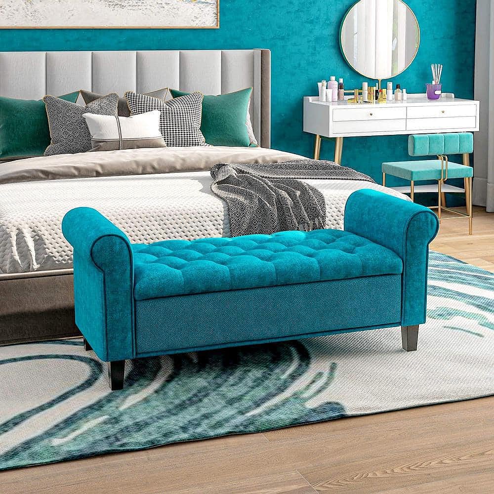 armrest Storage Couch Bench Ottoman Bench 2 Seater Sofa Settee for livingroom badroom Office (Teal)-image-22