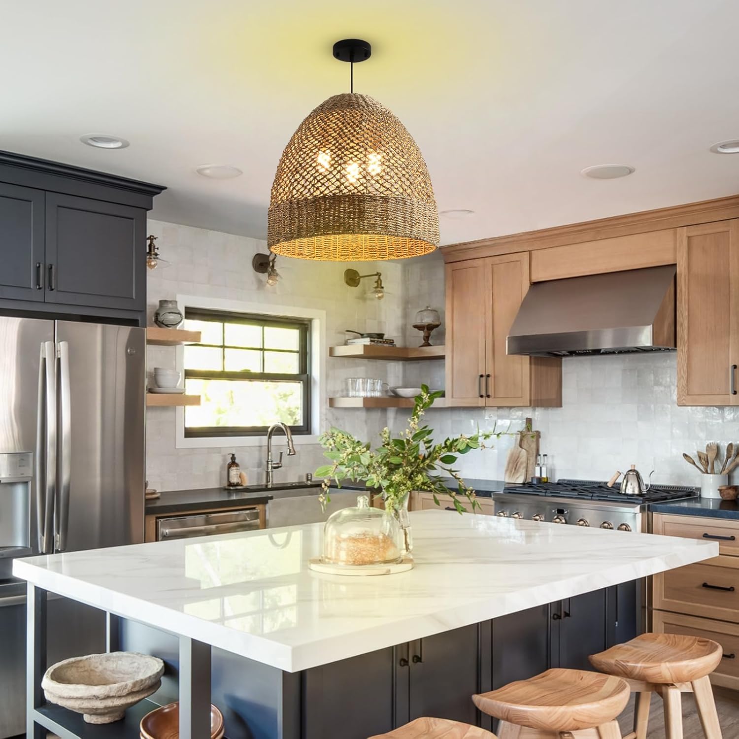 18.9" Large Rattan Chandelier,Boho 3-Lights Wicker Hand-Woven Farmhouse Seagrass Ceiling Hanging Pendant Lighting for Kitchen Islands Dining Rooms, 3-Light 18.9 inch