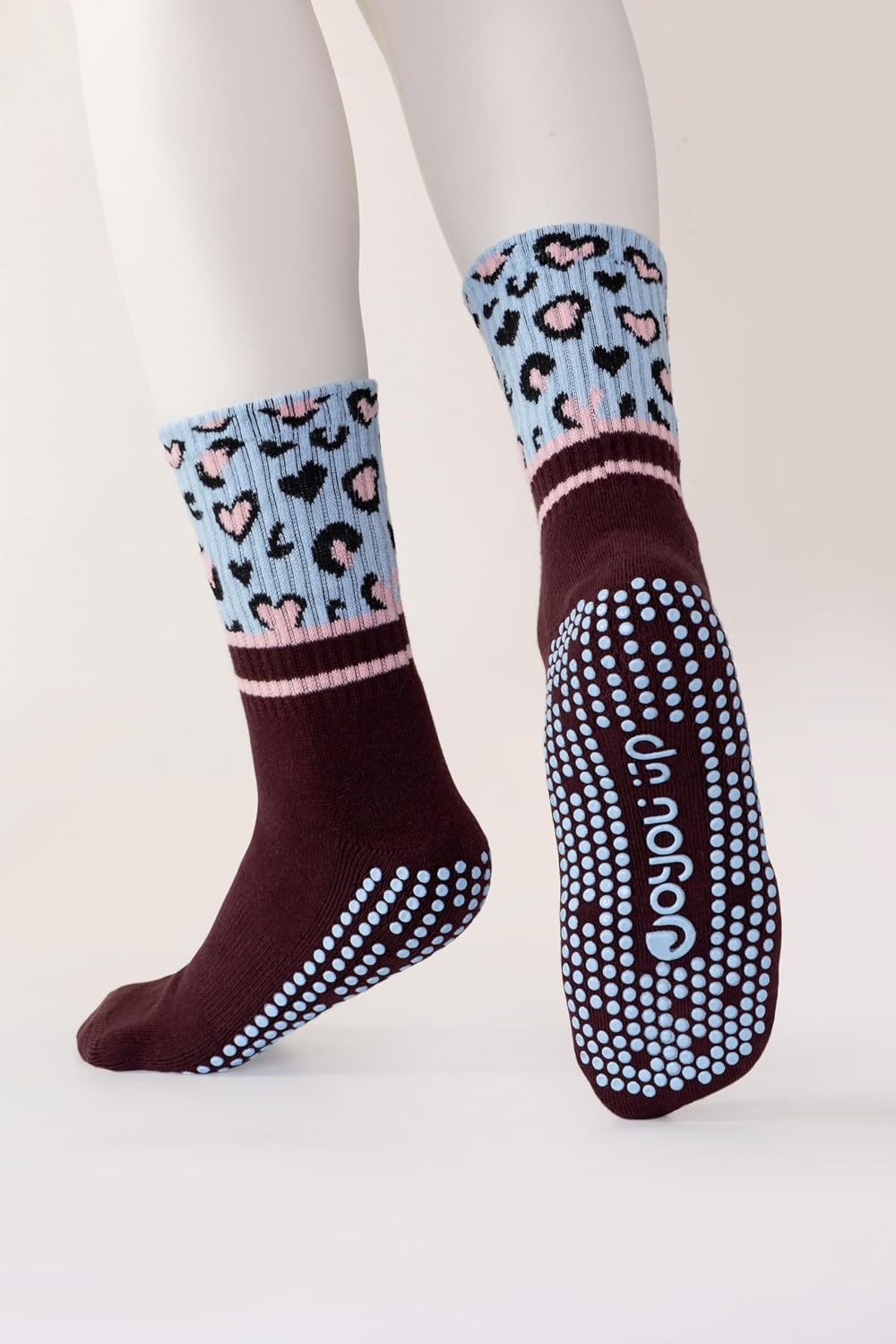 Womens Leopard Pilates Grip Socks Non Slip Ribbed Goth Crew 1 Pair | Premium cotton sticky socks with athletic elastic cuff and animal prints for reformer pilates barre yoga studio