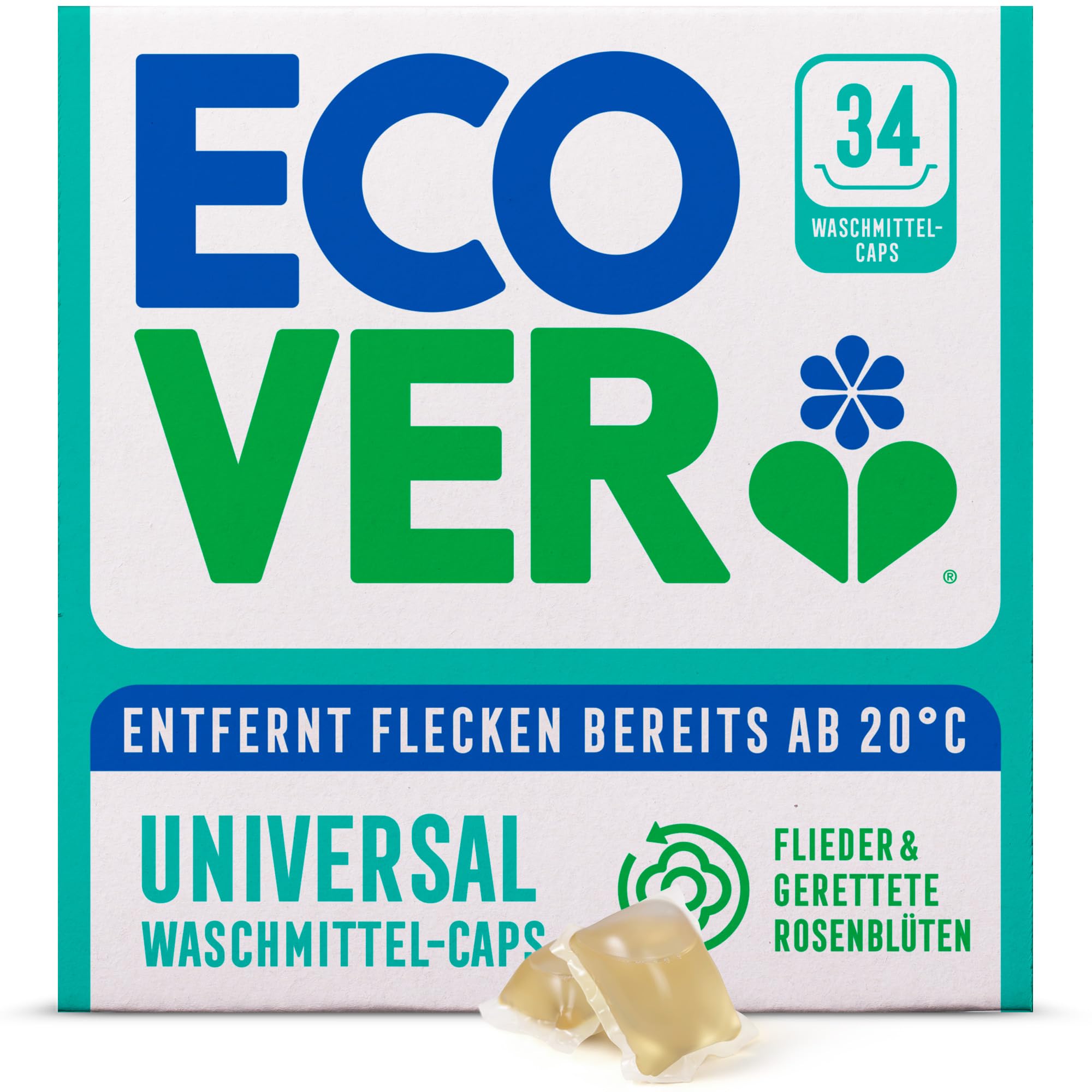 Ecover Bio kapsułki do prania – kapsułki do prania/tabletki – detergent do prania z czystym i świeżym zapachem bzu i uratowanej róży, 1 x opakowanie 34 kapsułek/tabletek