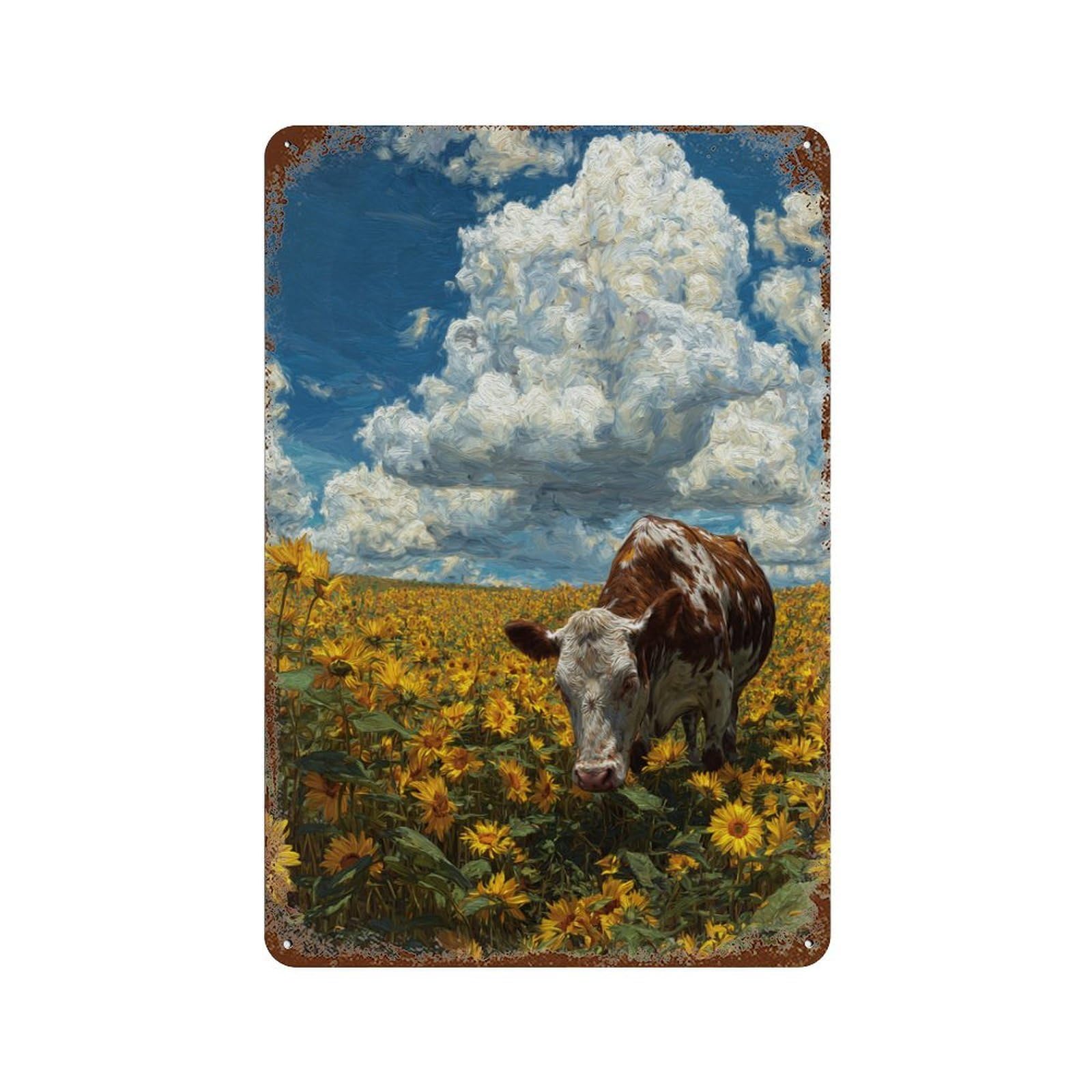 Rust Effect Cow in Sunflower Field-1 Rustic Tin Plaque 11.8"x7.9", Shabby Chic Decor for Basement, Hobby Room And Garage Decor
