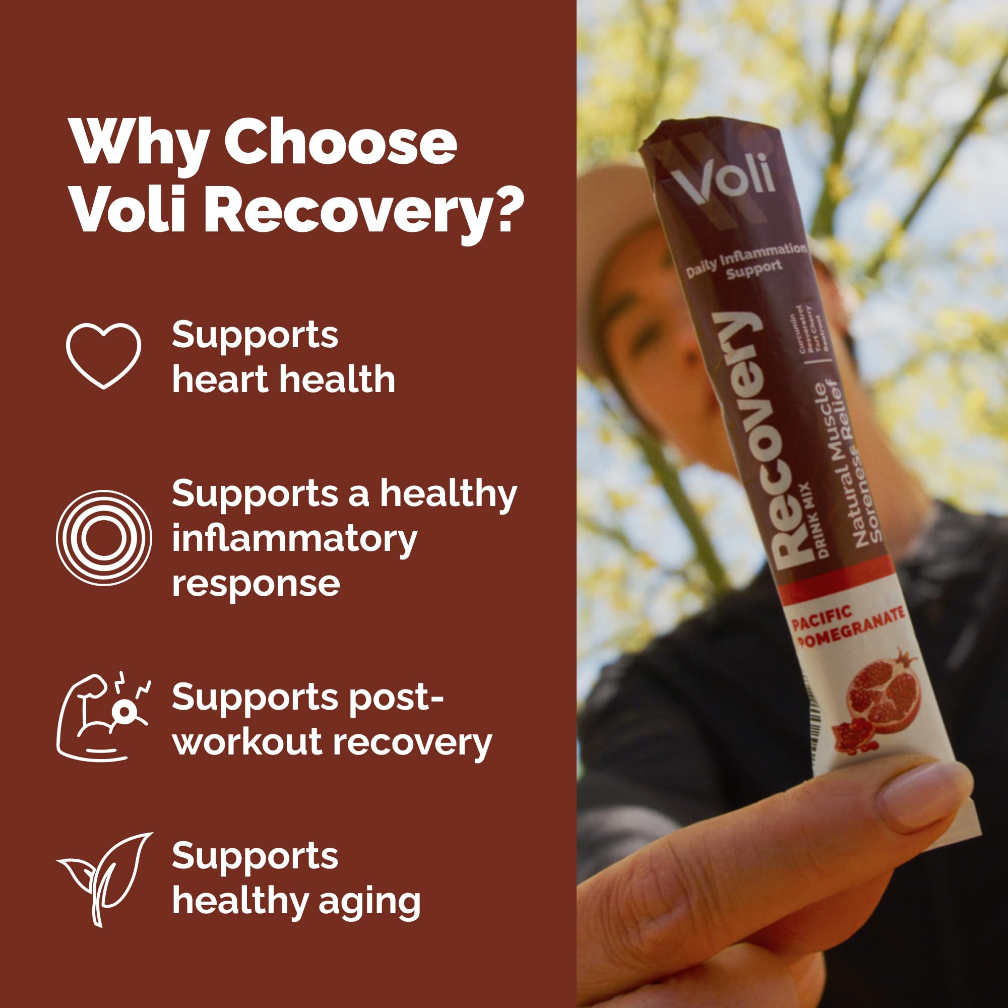 Voli Muscle Recovery Post Workout Drink Mix Packets | + Superfoods Curcumin, Tart Cherry, Ginger & Glutathione | Leg Cramp & Inflammation Support | No Added Sugar, 15 Count, Pacific Pomegranate — Amazon image 6