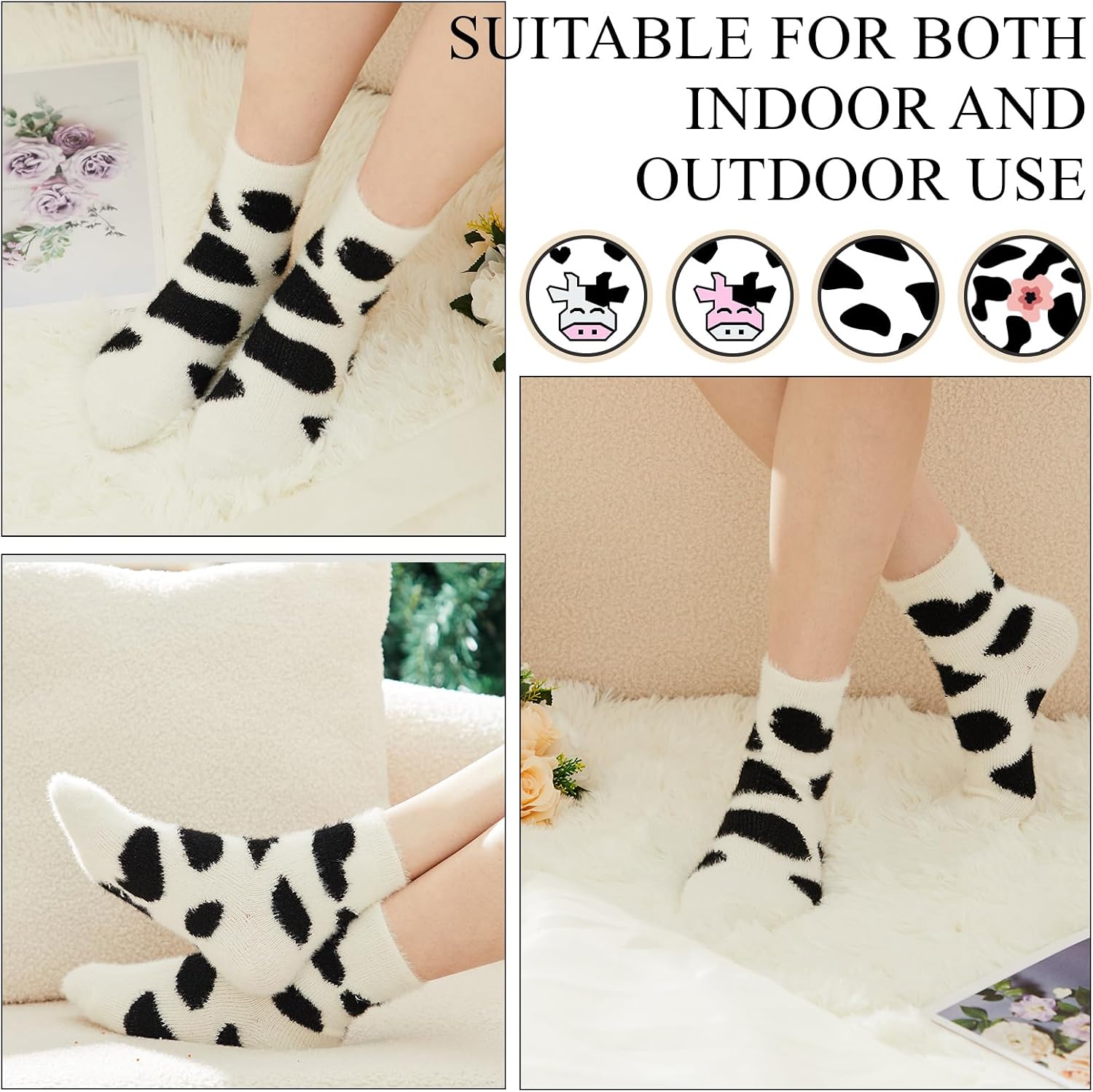 Foaincore 4 Pairs Fuzzy Cow Socks for Women Winter Cow Print Stuff Socks Cute Fluffy Cozy Funny Gifts for Women