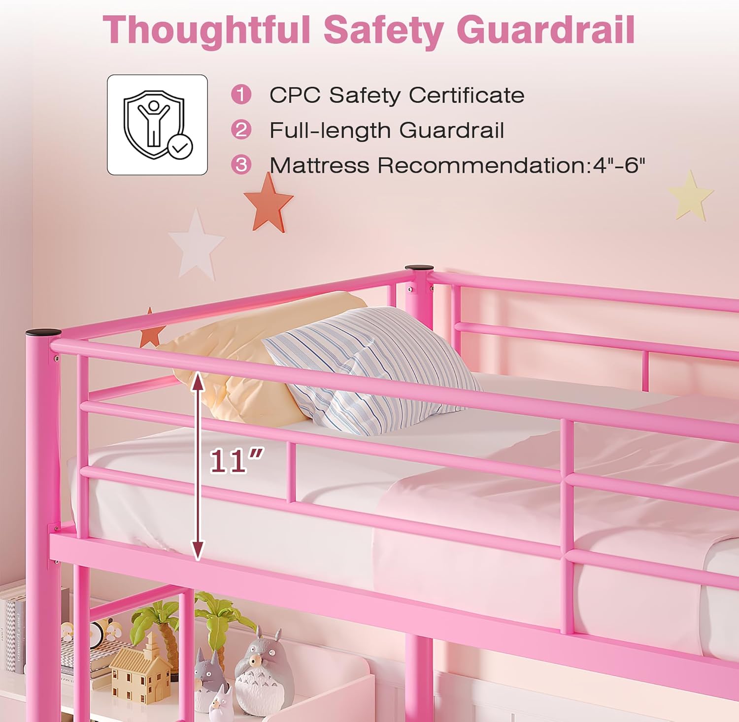 VECELO Bunk Bed Twin Over Twin, Metal Bunkbeds with Ladder and Full-Length Guardrail, No Box Spring Needed, Space Saving, Noise Free, Light Pink