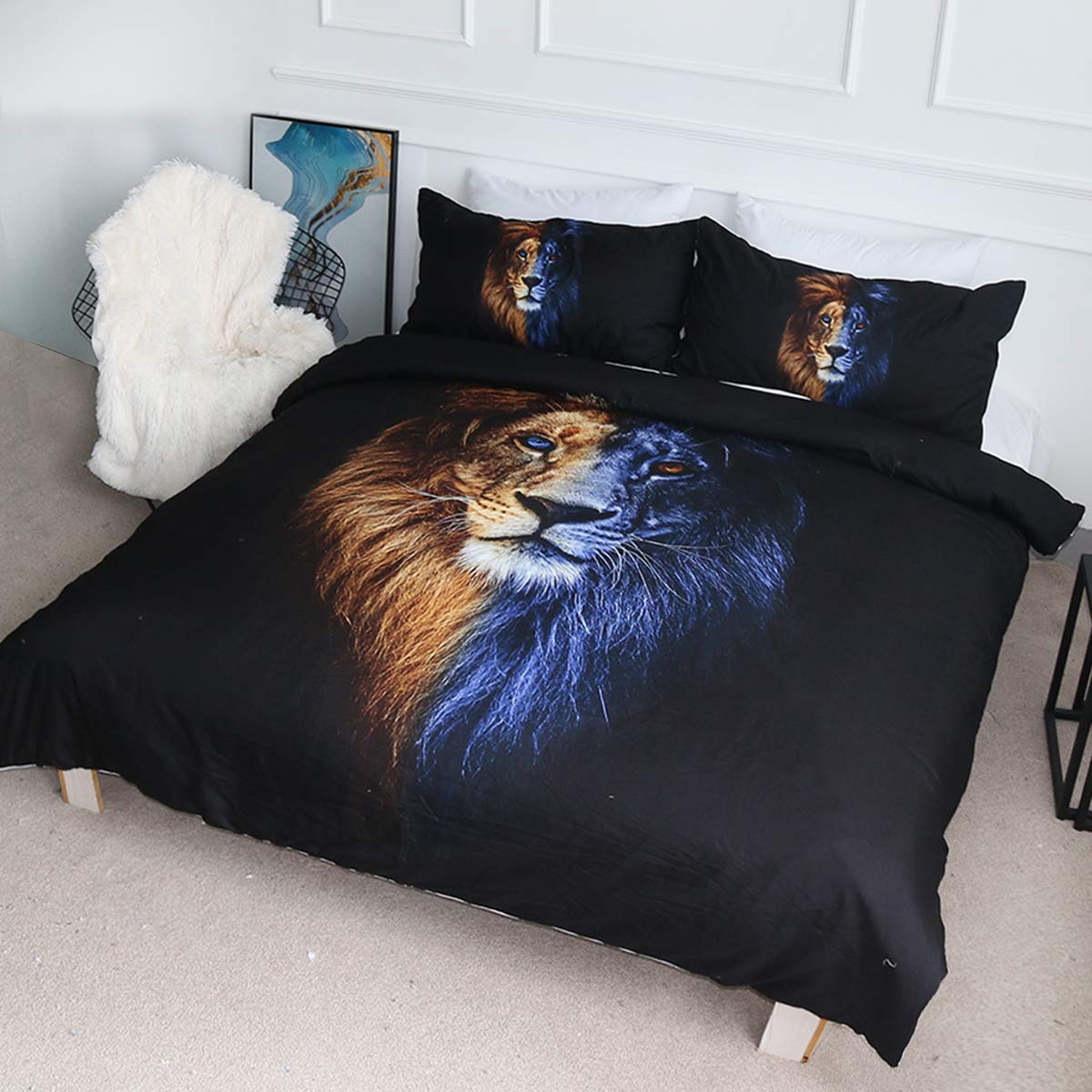BlessLiving Lion Bedding Set Double Size Male Lion Portrait Fire and Ice Bed Set Wild Animal Duvet Cover 3 Piece Mens Bedspread Sets