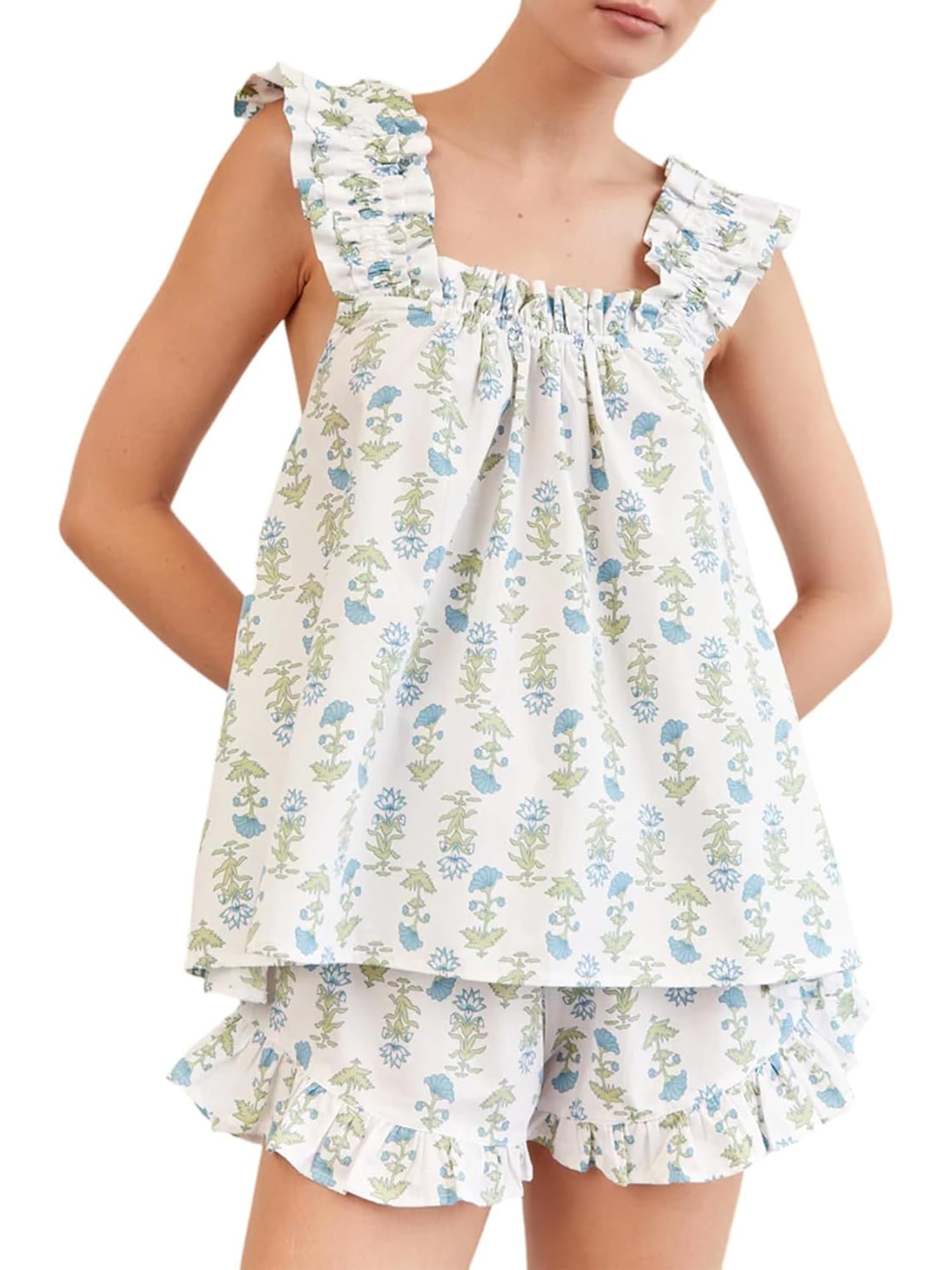 YILEEGOO Womens 2 Piece Pyjama Sets Summer Short Ruffle Trim Crop Tank Top Cami and Casual Shorts Loungewear (Z12304-Blue, XL)