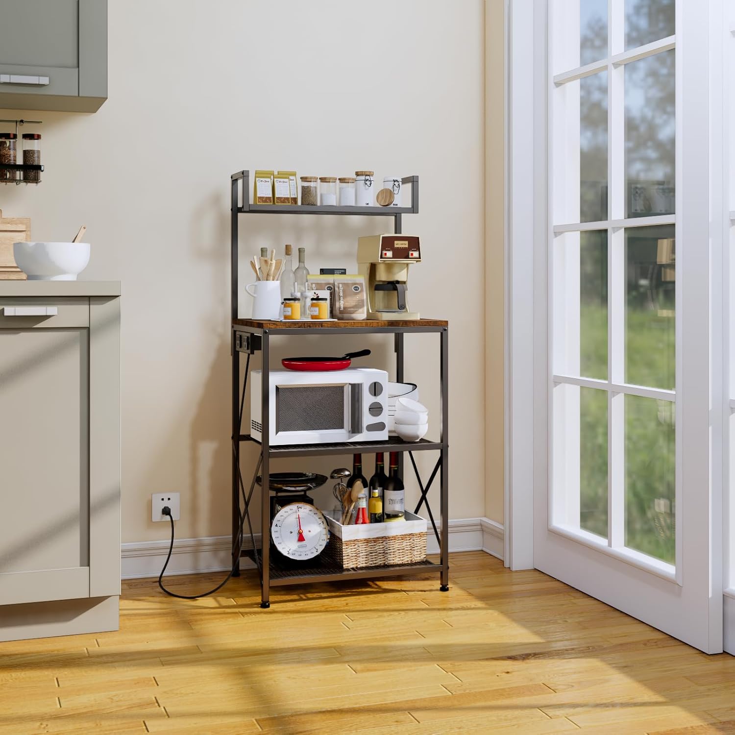 Oiboeus Kitchen Bakers Rack with Power Outlet Coffee Bar Station Microwave Stand Kitchen Microwave Rack Shelf Kitchen Shelf Rustic Brown
