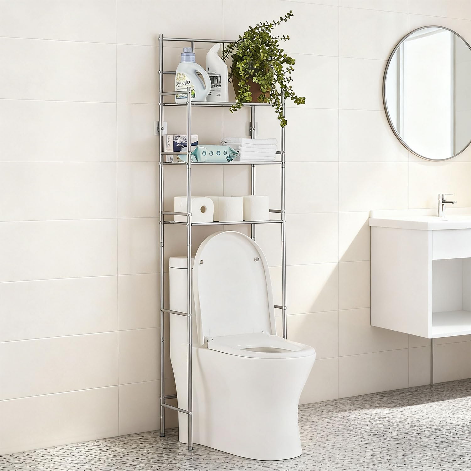 Toilettenregal, 3-stufiges Aufbewahrung über der Toilette, Freistehendes Waschmaschinenregal aus Metall, Platzsparendes WC Regal Toilettenschrank für Bad, Toilette, Waschküche, Grau