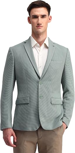 Arrow Men's Green Self Design Notch Collar Long Sleeve Formal Polyester Slim Fit Blazer