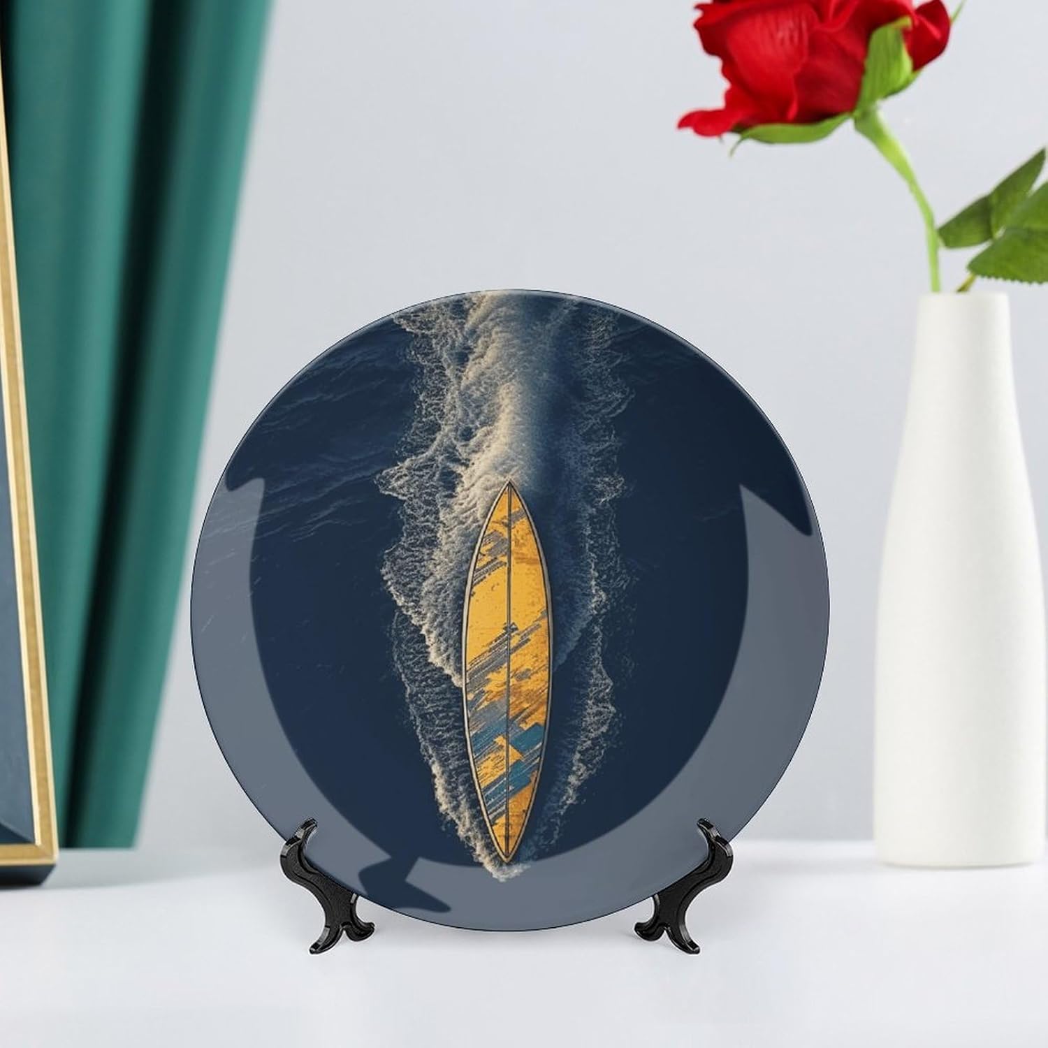 Surfboard Bone China Decorative Plate with Display Stand, Ceramic Ornaments Plate for Wall Hanging, Personalized Porcelain Plates for Office, Living Room 8inch