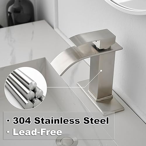 Miniatura 3 de Grifo de lavabo de baño de una sola manija, cascada, de acero inoxidable, grifo de baño comercial, grifo de baño con placa de cubierta para 1 y 3