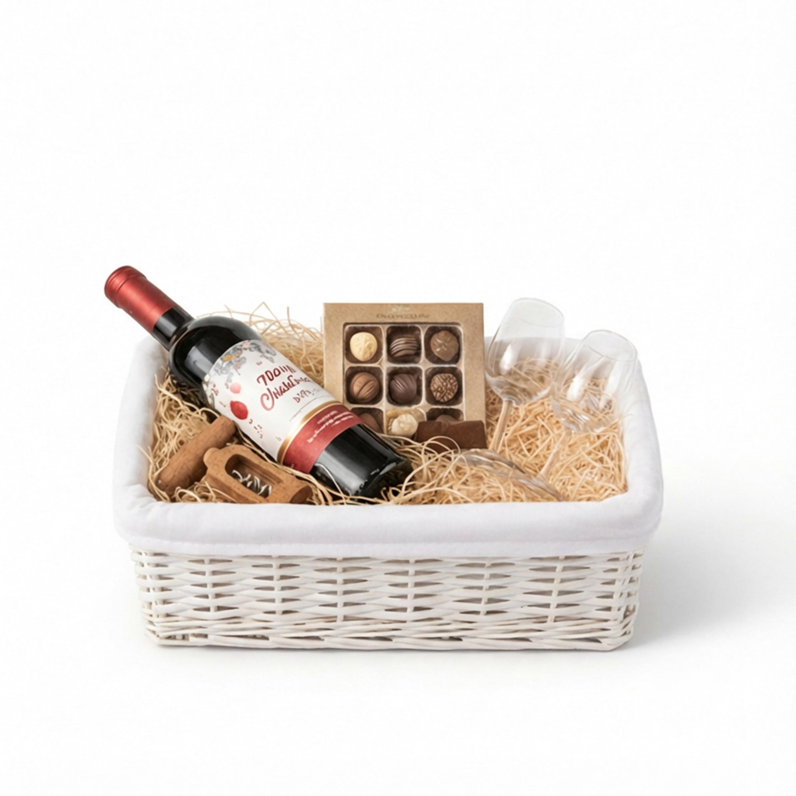 H-LINE SMALL White Wicker Willow Storage Basket with Cloth Lining Ideal for Christmas/Easter/Newborn Gift Hamper, Make Your Own Hamper