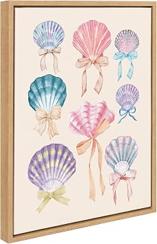Kate and Laurel Sylvie Seashell Bows Framed Canvas Wall Art by Honey Island Studio; 18x24 Natural; Cute Coastal Beach Art for Wall
