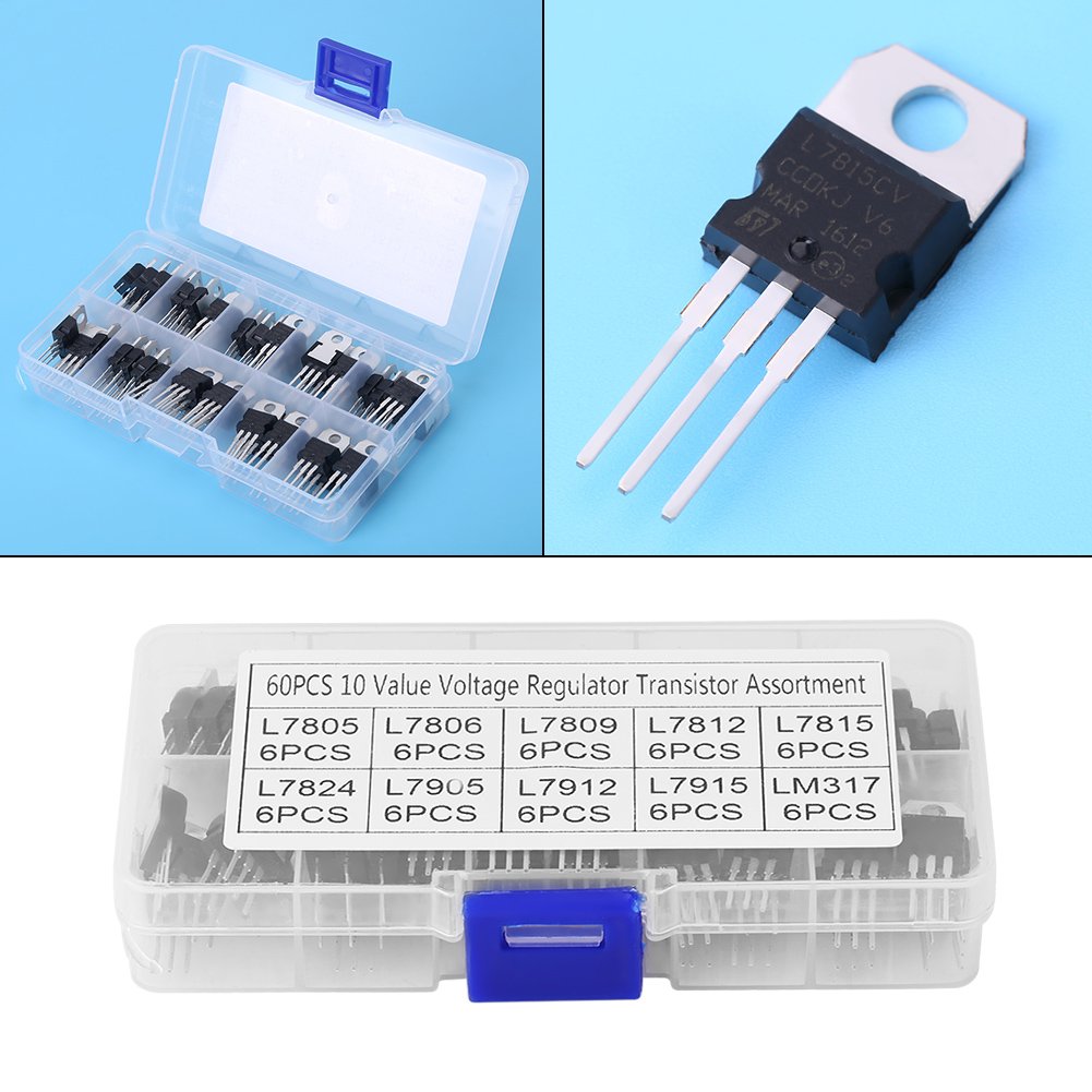 Greatest Product 60pcs 10 Values TO-220 Power Transistor Assortment Triode Voltage Regulator Stabilizer Kit Set (L7805CV/ L7806/ L7809/ L7812/ L7815/ L7824/ L7905/ L7912/ L7915/ LM317t) with Plastic Storage Box