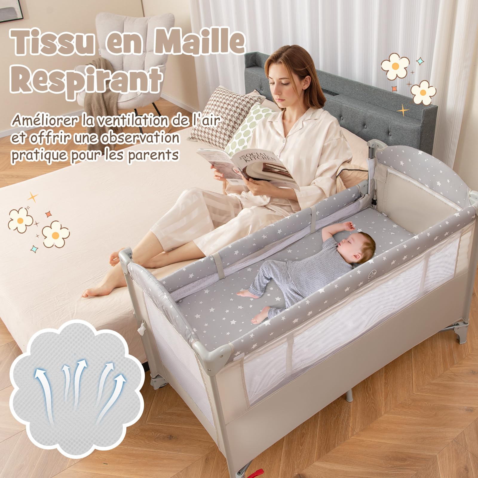 COSTWAY 5 en 1 Lit Parapluie Bébé avec Matelas et Table à Langer Amovible, Lit Bébé Évolutif avec Boîte à Musique et Jouets Suspendus, Hauteur Réglables pour Bébé de 0-3 Ans (Beige)