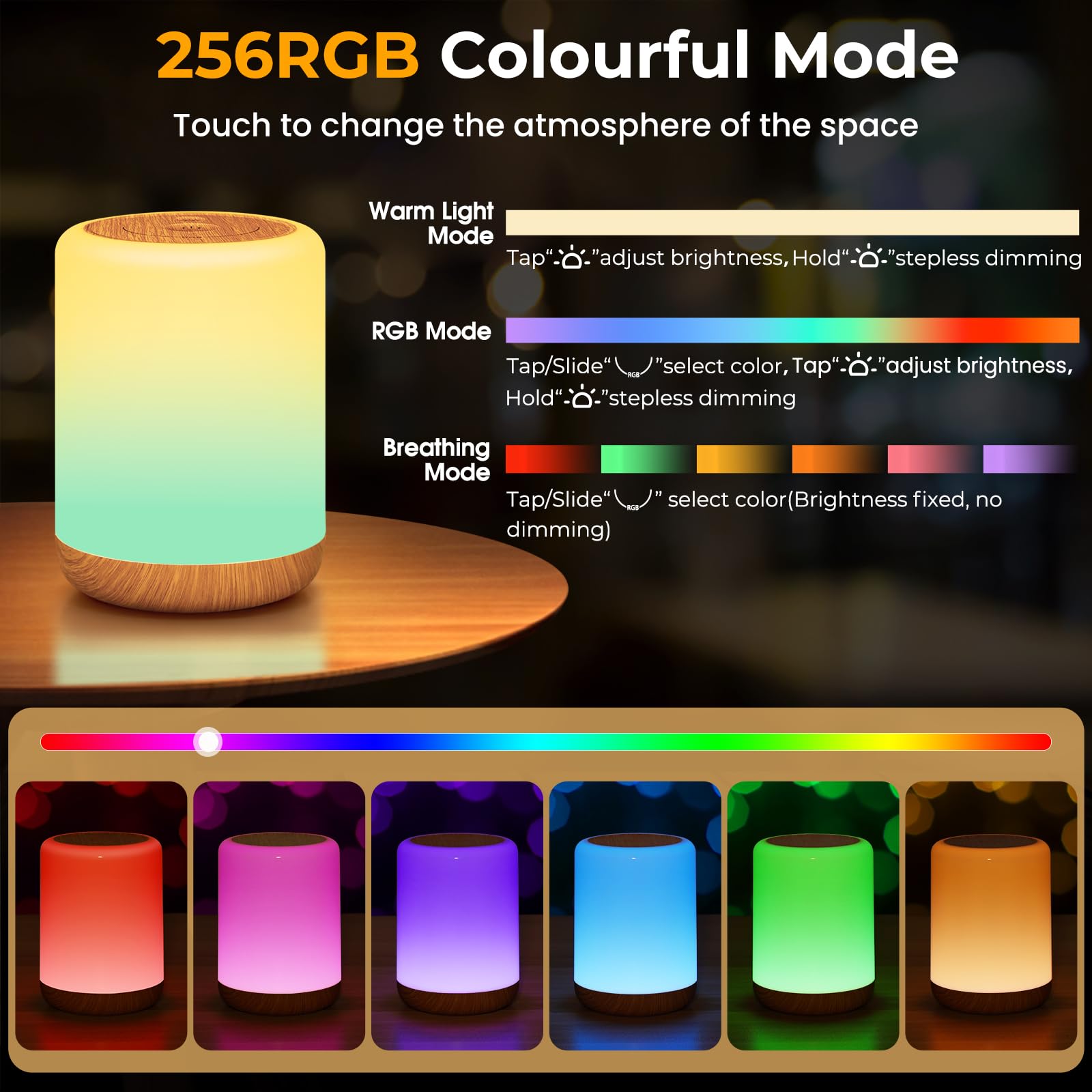 Lampka Nocna LED dla Dzieci Dotykowa,256 RGB ściemniana i 3 trybami,ładowanie przez USB,Dotykowa lampka nocna bateryjna,z funkcją timera i pamięci,Dotykowa lampka nocna,do sypialni,salonu