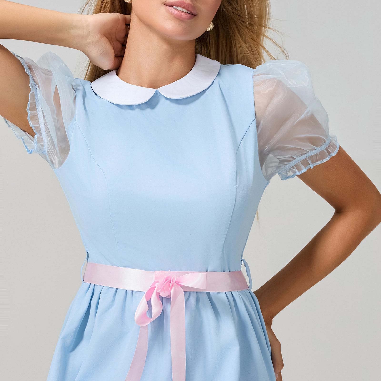 SANSIWU Women Girls Twins Costume Blue Mini Dresses Short Mesh Sleeve Creepy Twins Sister Cosplay Halloween Dress with Belt (A-Pink Belt - Image 3