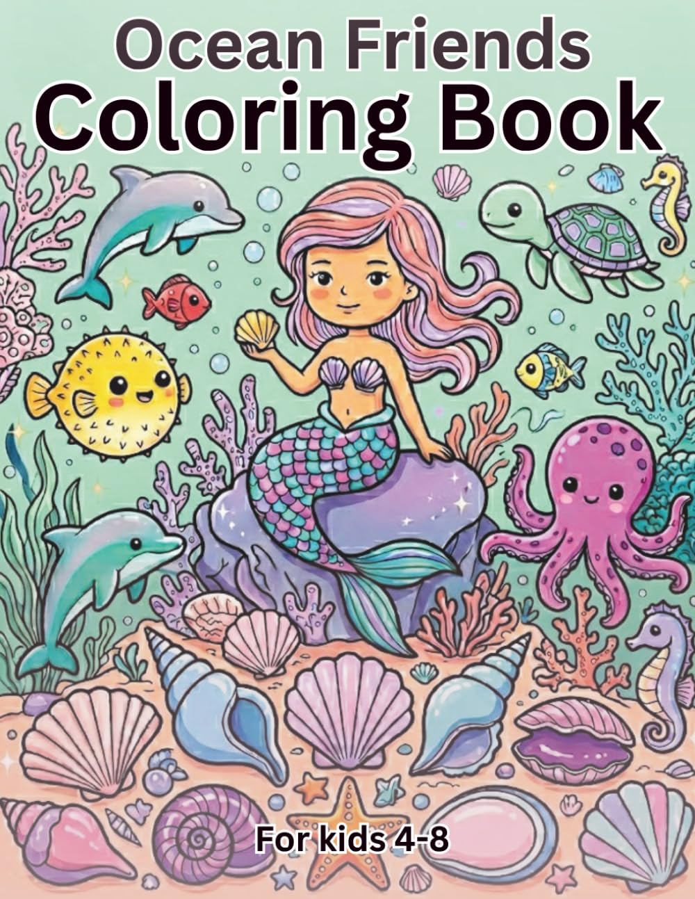 Ocean Friends Coloring Book for Kids Ages 4-8: Cute Mermaids, Dolphins, Turtles, Octopuses, and Sea Animals for Fun and Relaxing Coloring