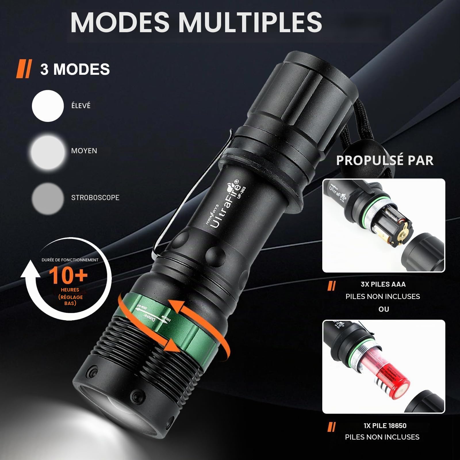ULTRAFIRE Lampe torche LED 27,9 cm, 250 lumens, sûre, 3 modes incl. clignotant rouge, baguette de circulation, aéroport, pompiers, urgence, UF-303
