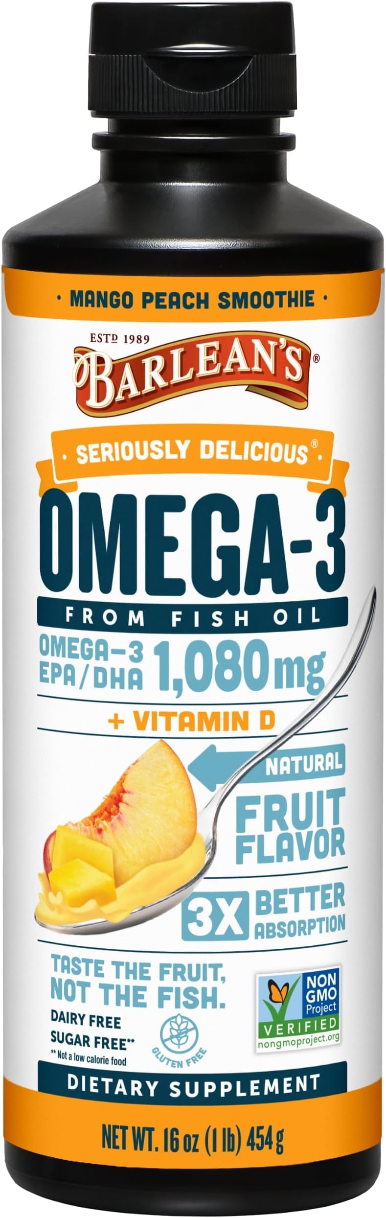 Omega 3 Fish Oil Liquid Supplement with Vitamin D for Men and Women, 1080mg of EPA and DHA Fatty Acid, Promotes Brain & Heart Health - Non-GMO, Mango Peach, 16 oz