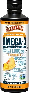 Barlean's Mango Peach Omega-3 Fish Oil with Vitamin D, 1080mg, 16oz | Wild-caught fish oil plus vitamin D, EPA DHA omega-3, Burpless, Non-GMO, Gluten-free, Heart, brain, bone & immune