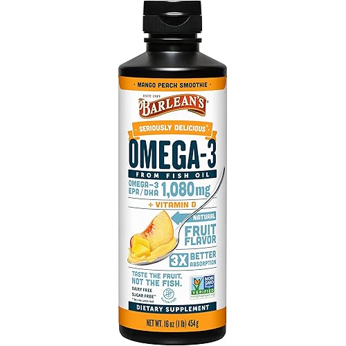 Barlean's Omega 3 Fish Oil Liquid Supplement with Vitamin D for Men and Women, 1080mg of EPA and DHA Fatty Acid, Promotes Brain & Heart Health - Non-GMO, Mango Peach, 16 oz