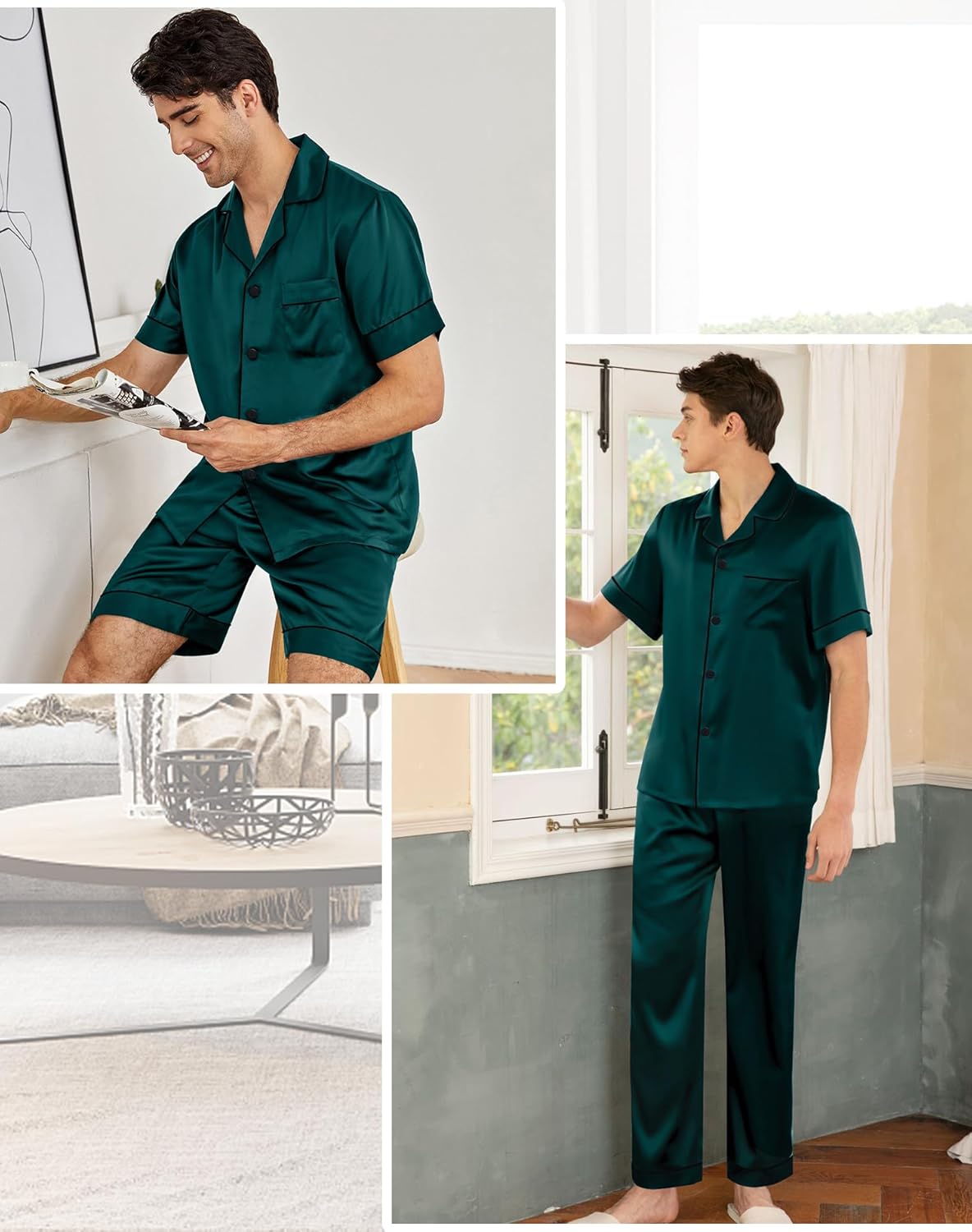 SWOMOG Mens 3pcs Pajamas Set Silk Satin Short Sleeve Sleepwear Button Down Pjs Classic Loungewear Nightwear