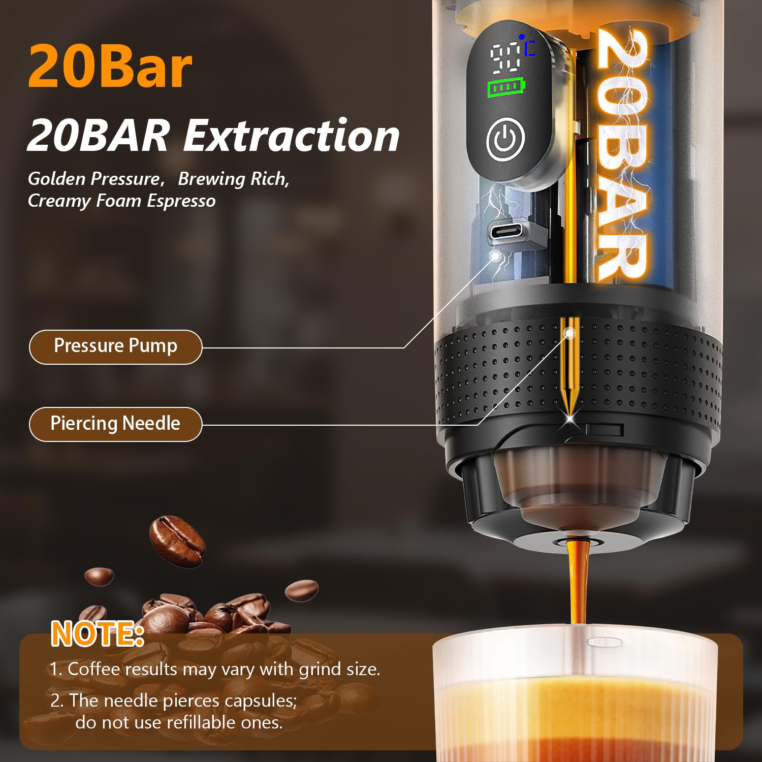 Tragbare Espressomaschine 3 In 1 Akku Kaffeemaschine 20 Bar Mini mit USB Selbsterhitzend für Kaffee und Kapseln