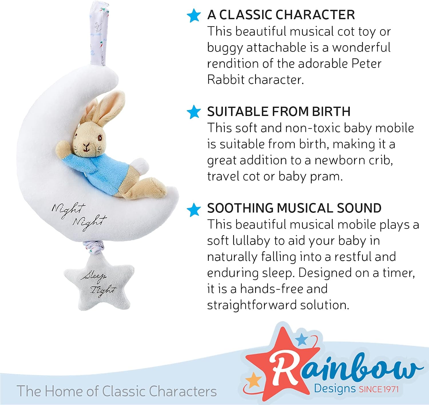 Rainbow Designs PO1501 Beatrix Potter Night Musical Peter Rabbit Toy,White, Medium - Image 5