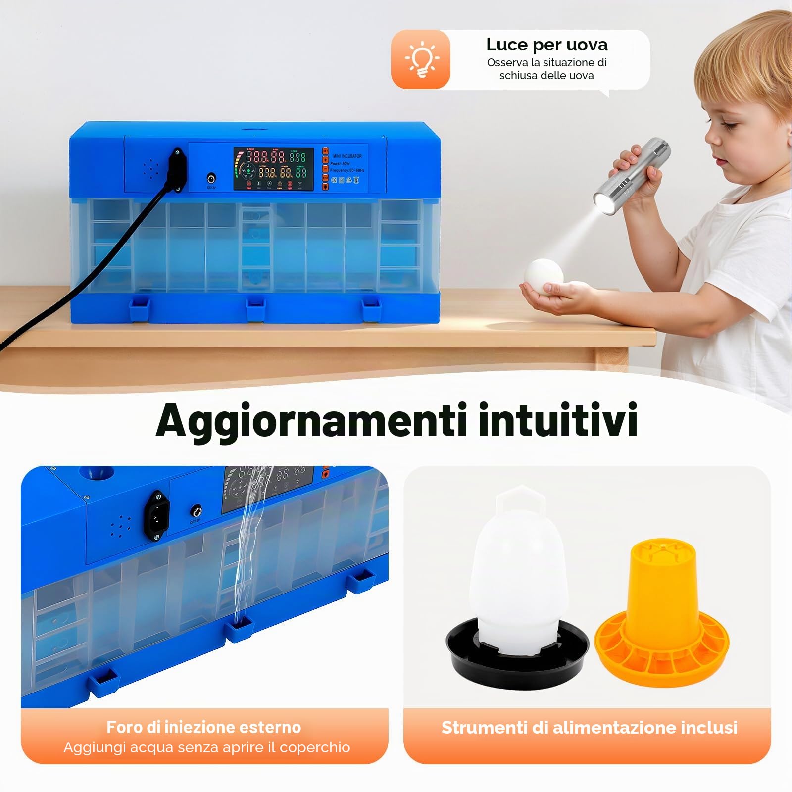 Incubatrice completamente automatica, incubatrice per uova di gallina, quaglia, incubatore per 64 uova con rotazione automatica delle uova, design a temperatura costante, temperatura e umidità