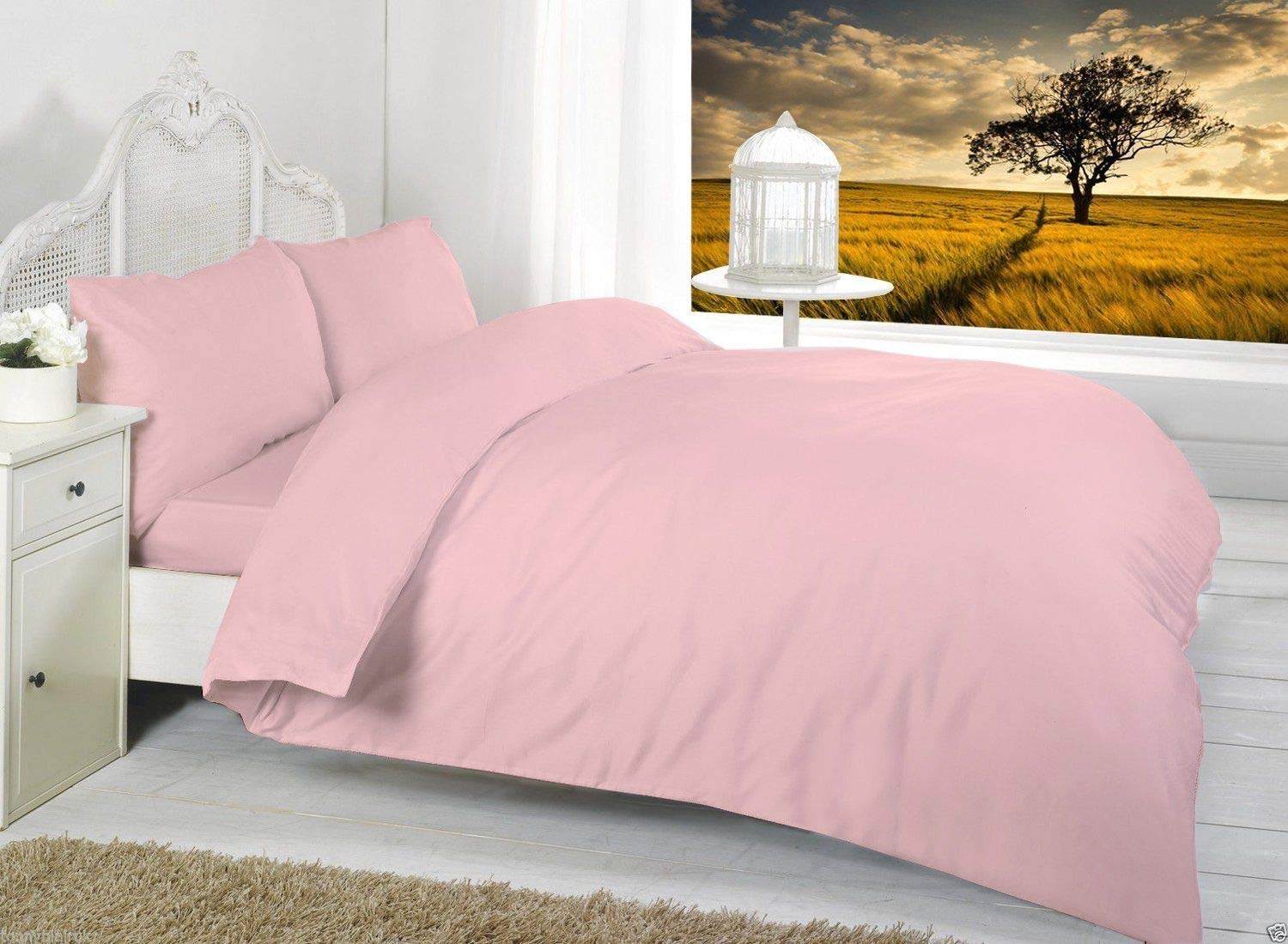 NZ 200 Thread Count 100% Egyptian Cotton Plain Super Soft Luxurious Duvet Cover Sets Fully Reversible Bedding Sets (Pink, Double Size)