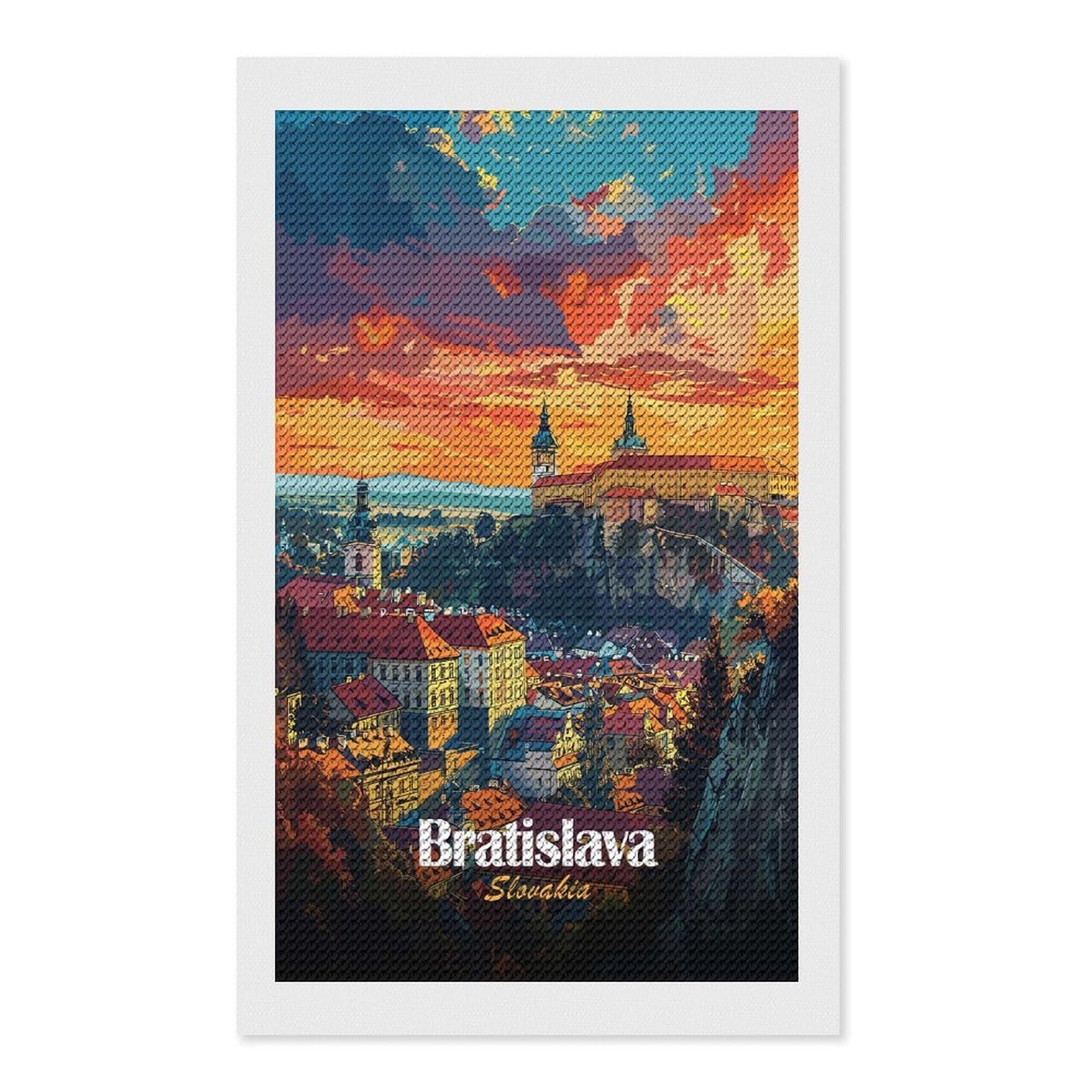 Junmoney Bratislava Cityscape Sunset DIY Diamond Art Canvas Kit 12"x20", Relaxing DIY, Sparkling Crystal Beads, Vintage Style Decor, Holiday Gift Idea