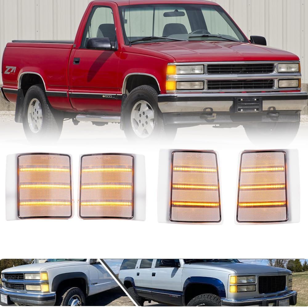 4PCS Sequential Amber Led Side Marker Lights for GMC C/K Series C1500 K1500 Pickup Suburban Yukon Led Indicator Turn Signal Light Kit Front Bumper Clearance Light OEM Replacement