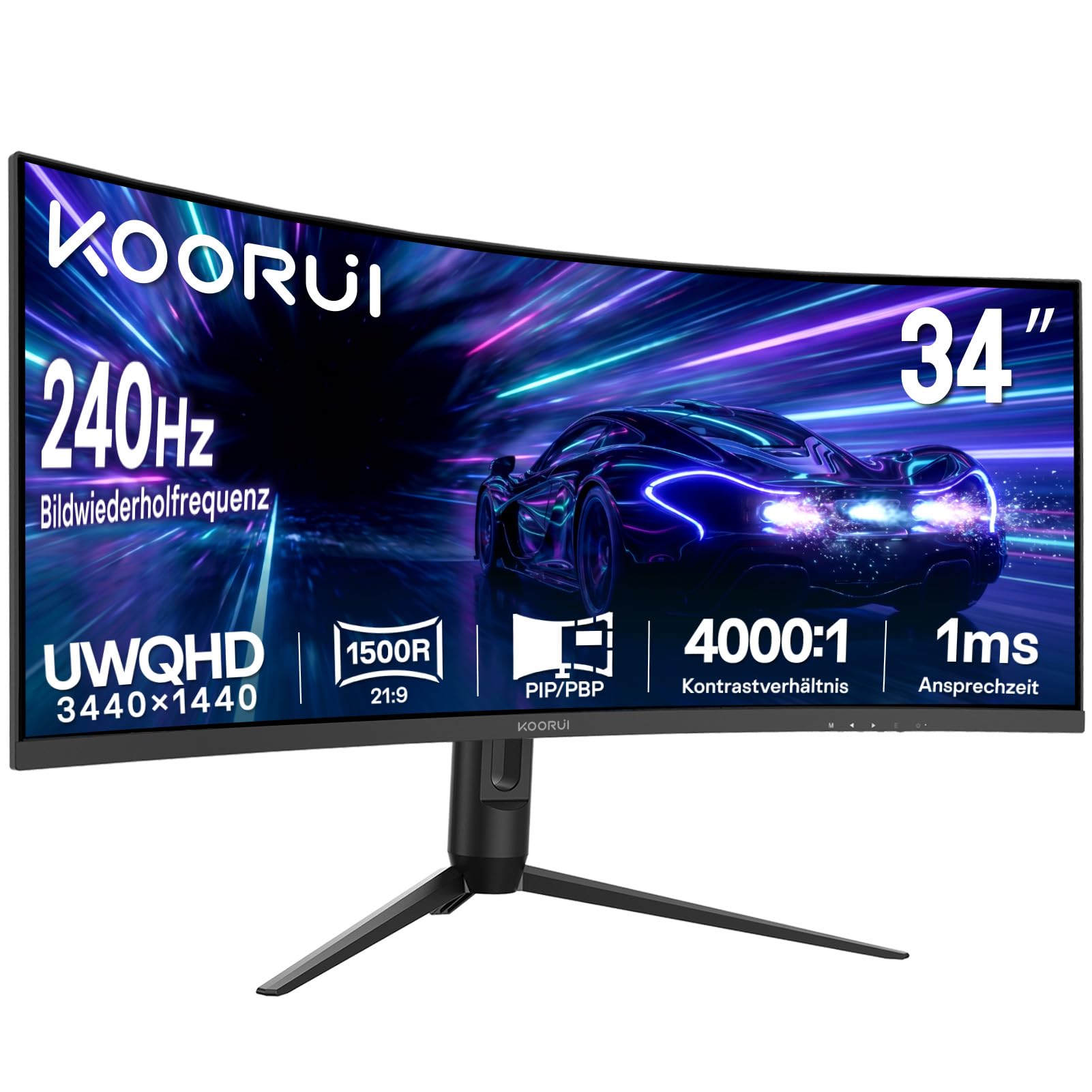 KOORUI 34 Zoll Curved Ultrawide Gaming Monitor 21:9 WQHD 240Hz für 1500R VA-Panel,HDR400,1ms Adaptive Sync, höhenverstellbarer Standfuß (110mm), Pip/PBP,Schwarz