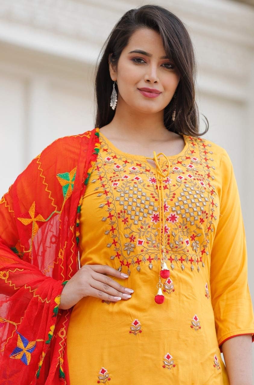 INDACORIFY Rayon Kurti with Patiala Pant and Dupatta for Girls & Women Festive Party Office Wear Salwar Kameez (as1, numeric, numeric_38, numeric_44, regular, regular, Yellow, Large(40))