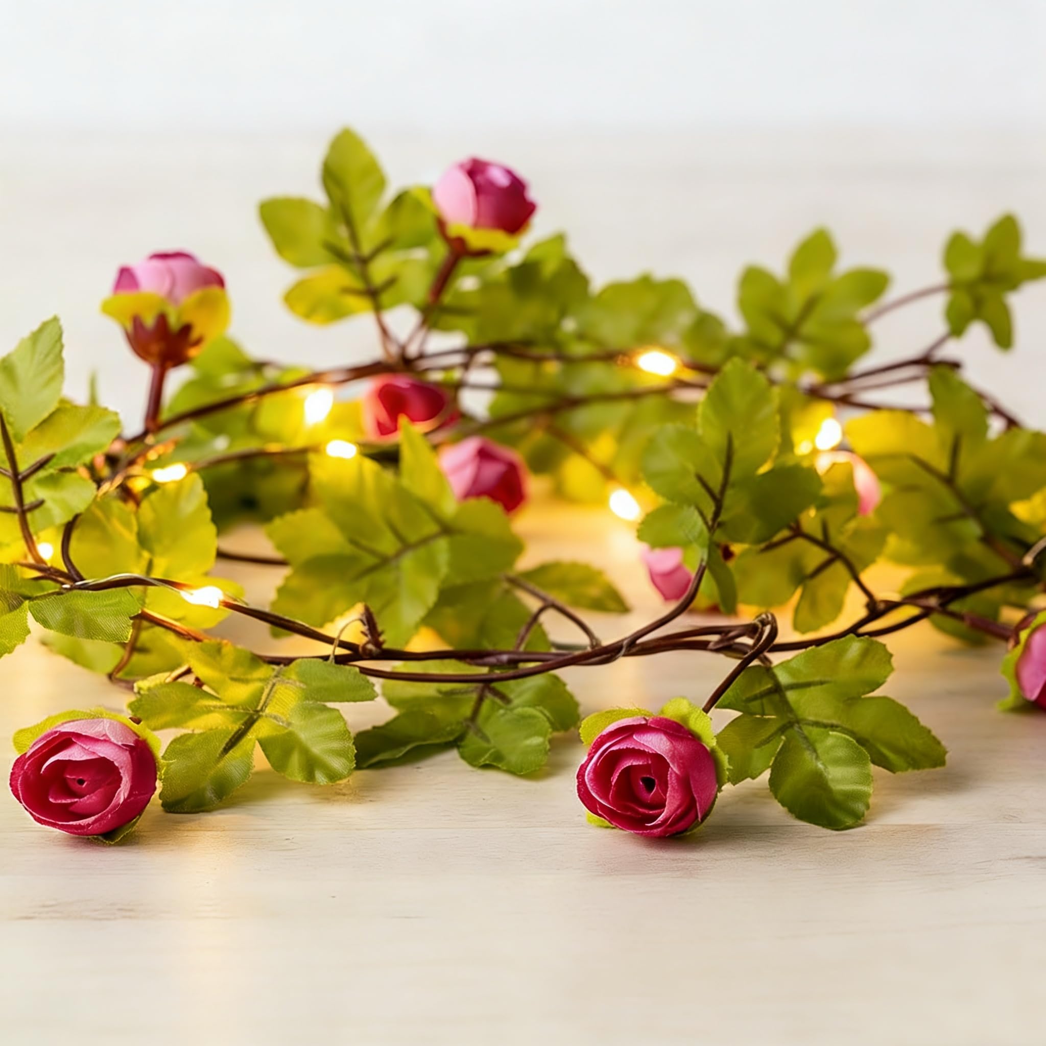 Fielegen 2 Meter 20 LED Rose Flower String Lights Battery Powered Artificial Flower Garland with LED Fairy Lights for Valentine's Day Garden Wedding Party Decor Indoor Bedroom Wall Decorations