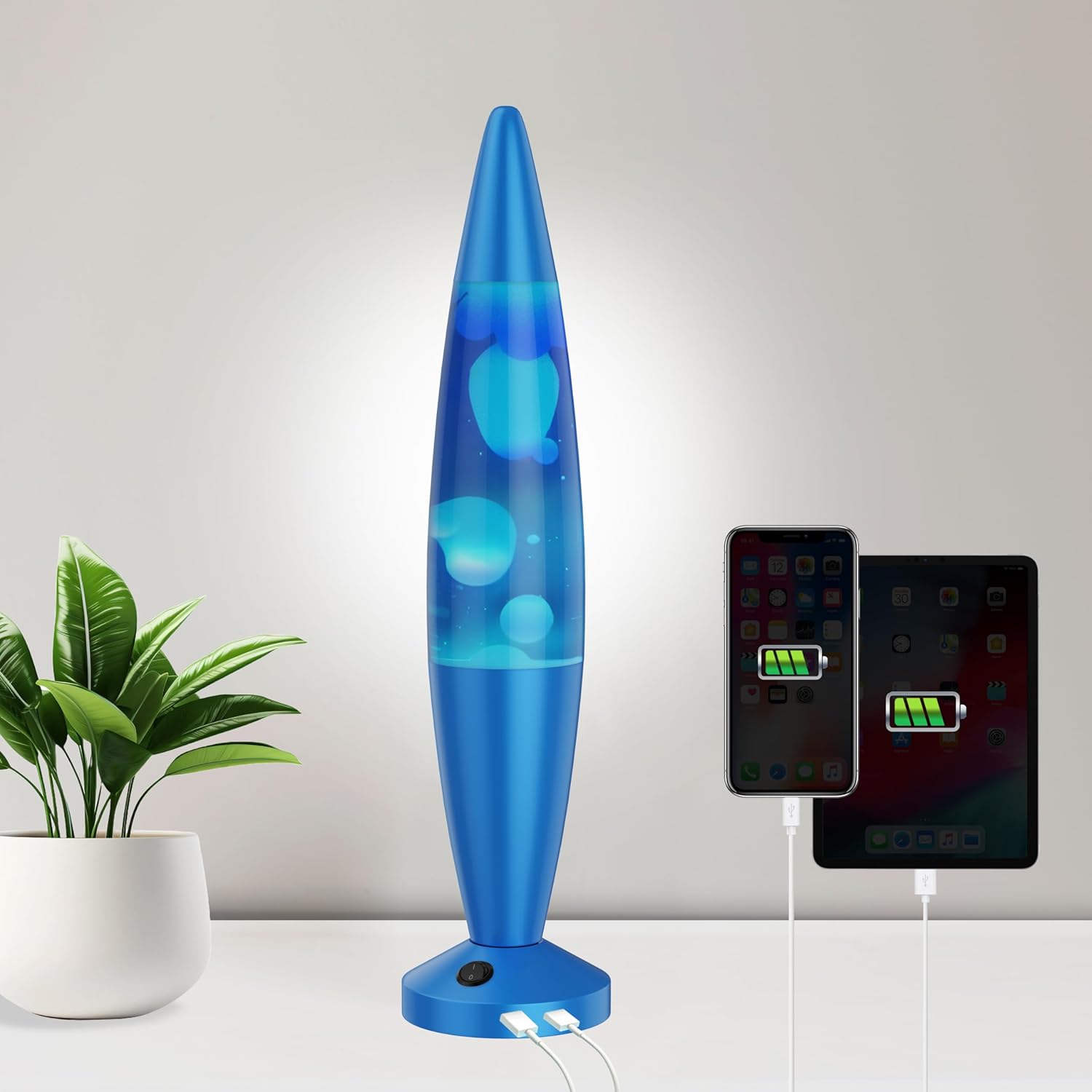 JAMBO Beautiful Liquid Lamp with USB Ports,16" Motion Light with Blue Liquid White Wax, Relaxing Nightlight, Mood Light for Bedroom, Living Room, Office - Adults, Teens, Kids