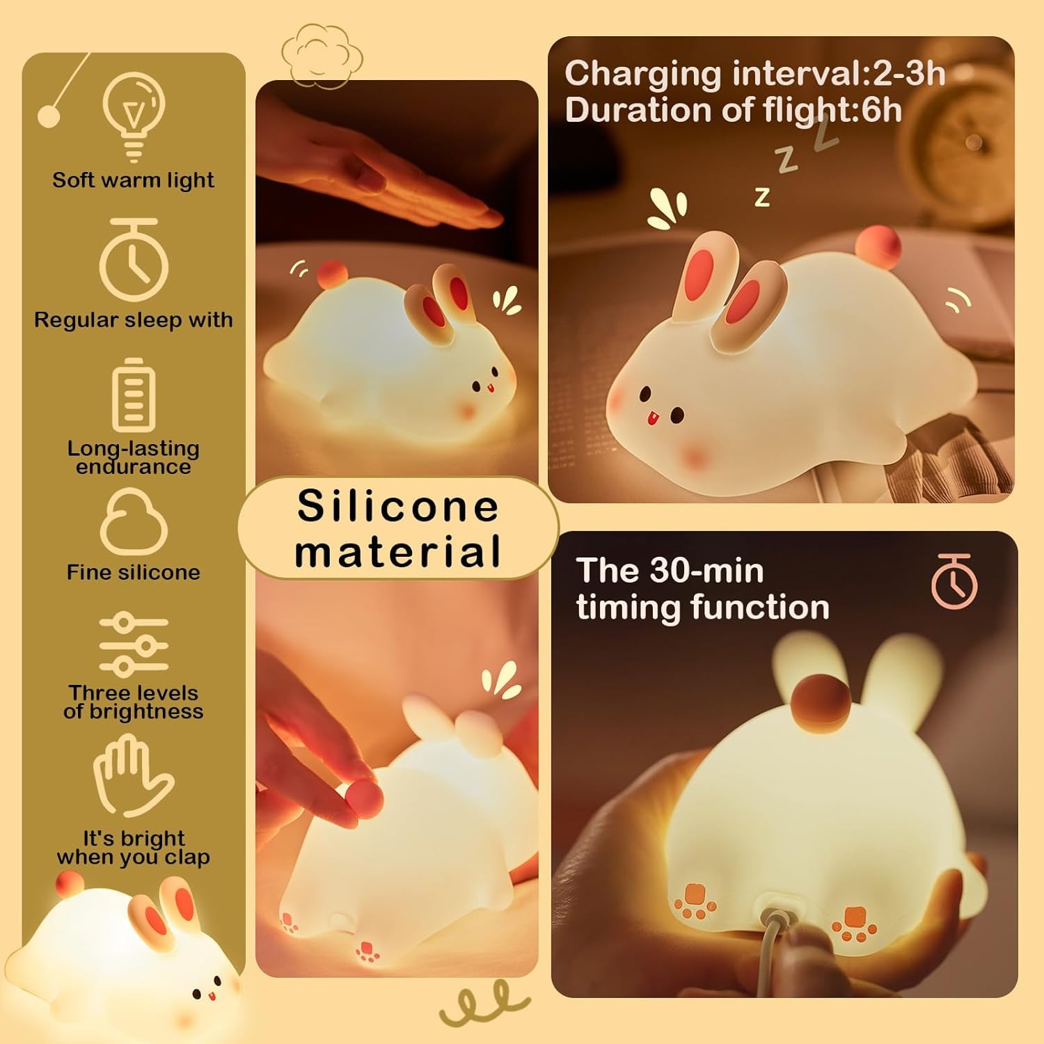 DEZICON Kids Night Light Silicone Rabbit Night Lamp Rechargeable Cute Lamp with 3 Level Brightness Kids Night Lights for Bedroom Baby Nursery and Study Desk Decorative Diwali Christmas Night Light 4