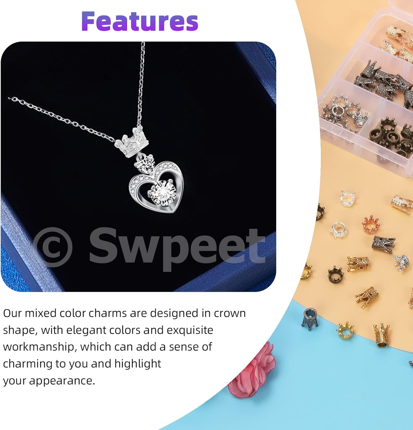 Swpeet 132Pcs 2 Sizes 0.25inch 0.48inch 6 Colors King Crown Charm Spacer Beads Assortment Kit, Rhinestone Charms King Crown Bracelet Connector Crown Beads Bulk Perfect for Jewelry Bracelet Making - Image 5
