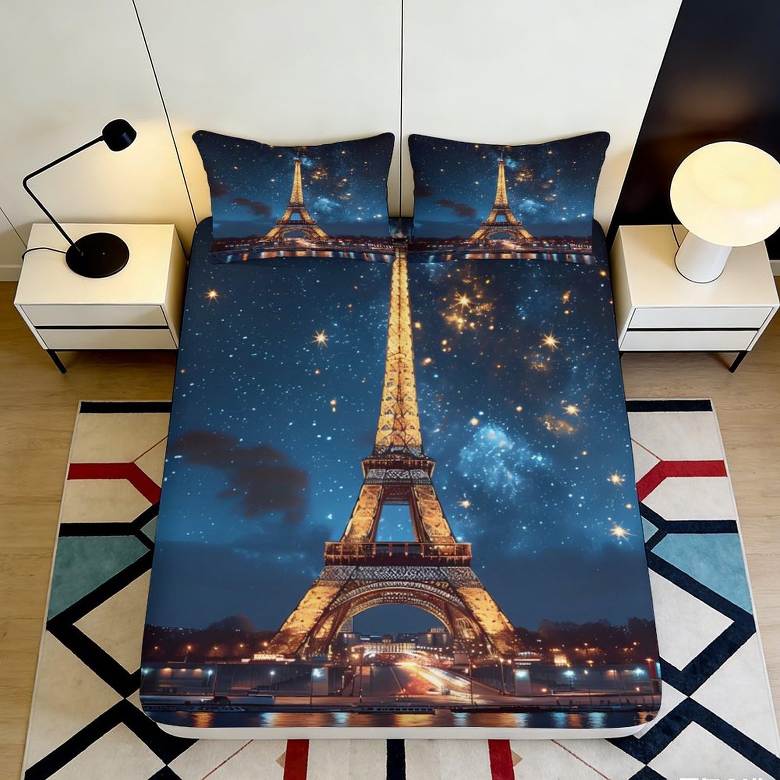 3D Printed Eiffel Tower Night Sky Fitted Sheet Microfiber Soft Breathable Starry Sky Bed Sheet for Bedroom Dormitory Guest Room Mattress Protection 90x200x25cm