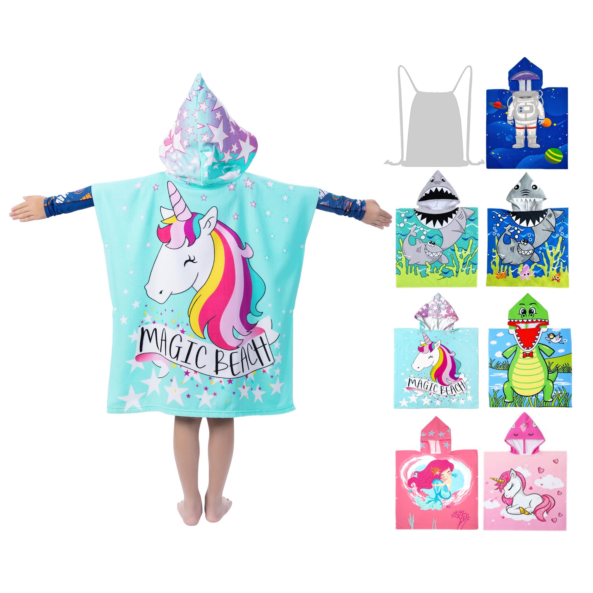 growell Hooded Kids Beach Towels - Toddler Bath Towel Girls Boys Swim Cover-ups for Ages 4 to 10 Kids Pool Towels Quick Dry Lightweight Soft Microfiber Poncho 30x30 with Bag (Aqua Unicorn)