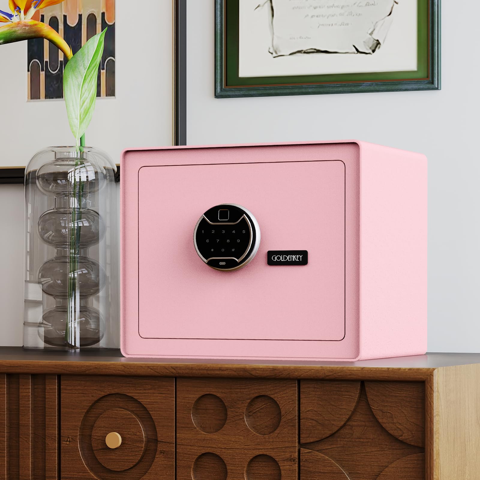 GoldenKey Cassaforte per impronte digitali rosa, cassaforte di sicurezza biometrica da 1,6 m Cu Ft con tastiera touchscreen, cassaforte per gioielli per contanti, cassaforte impermeabile ignifuga per
